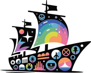 Whimsical Rainbow Sailboat with Diverse Icons on Hull