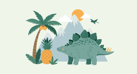 Adorable cartoon dinosaur with tropical fruits and mountains in a soft, sunny, natural landscape.