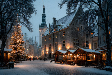 Fototapeta premium christmas market at tallinn old town hall square