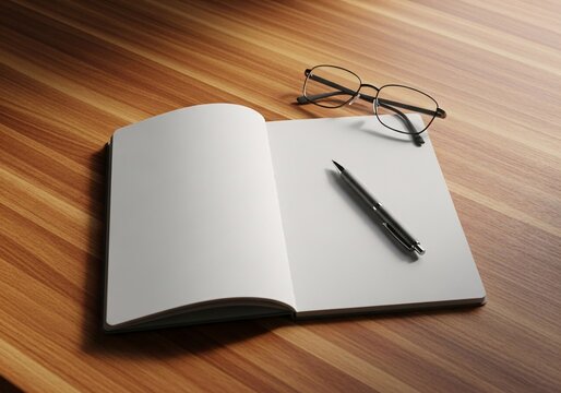 Blank notebook with pen and glasses on a wooden desk, ready for writing or planning