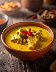 A bowl of rich yellow Gulai (Indonesian curry) garnished with a sliced red chili.