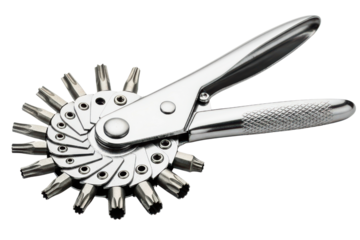 Compact multi-function utility tool with assorted attachments on a transparent background