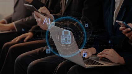 Professional setting showcasing individuals engaged with technology, emphasizing cybersecurity and artificial intelligence in a modern corporate environment. Raster