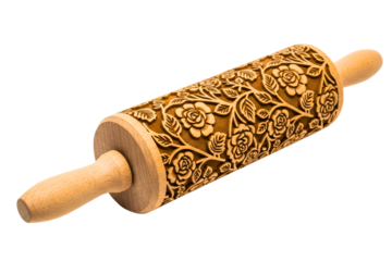 Wooden rolling pin with an embossed rose floral pattern for baking on a transparent background