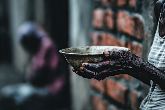 African beggar wearing old clothes holding dirty metal cup receiving coins or food from unknown passersby while standing on pavement against brick wall.