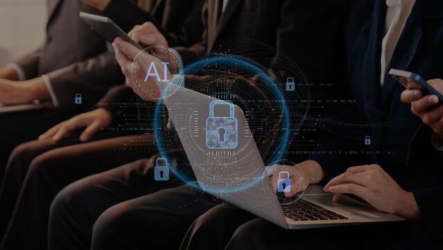 Professional setting showcasing individuals engaged with technology, emphasizing cybersecurity and artificial intelligence in a modern corporate environment. Raster