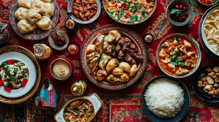 Traditional uzbek cuisine feast on festive family table with oriental dishes and colorful holiday food, top view celebration scene