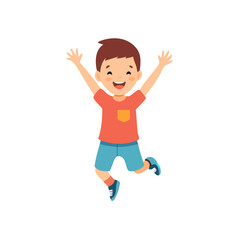 Joyful Leap: A cheerful young boy leaps with unrestrained joy, his arms outstretched, against a backdrop of pure happiness, representing childhood bliss. See Less
