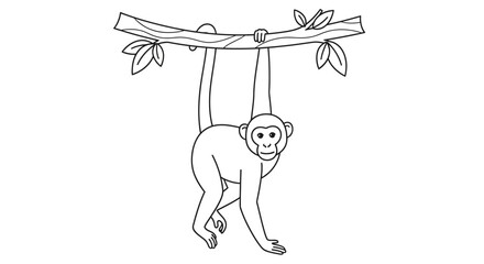 Whimsical monkey outline dangling playfully from a tree branch with simple leaf accents showing