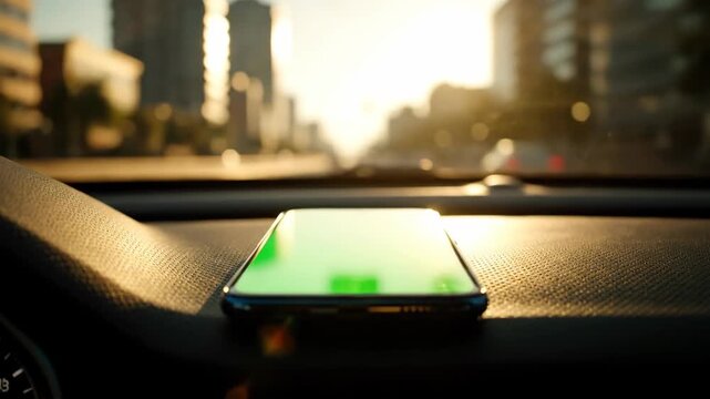 Smartphone with Green Screen Mockup on Car Dashboard while Driving Through City Streets during Sunset, urban mobility connected apps and driving