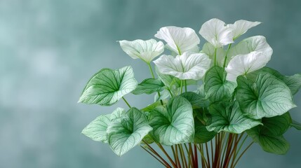 Close-up of vibrant green Caladium leaves with intricate white speckles and a soft textured light blue background showcasing natural botanical beauty