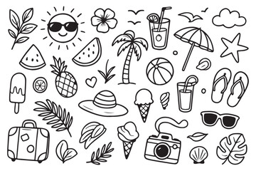 Hand drawn summer doodles, beach party, vacation and travel doodle elements. Tropical leaves, fruits and cocktails sketches, cute summertime line stickers vector set