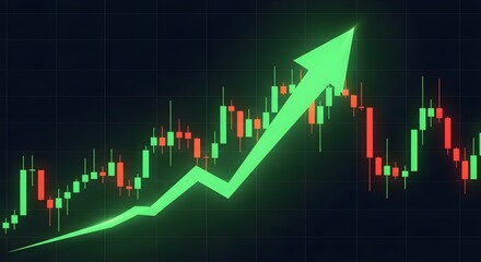 Green Up Arrow &ndash; Bullish Growth Chart on Tech Grid