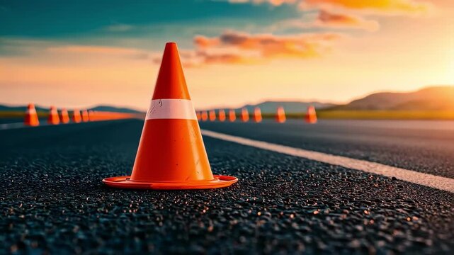 Traffic cones line a road at sunset, symbolizing safety and construction.