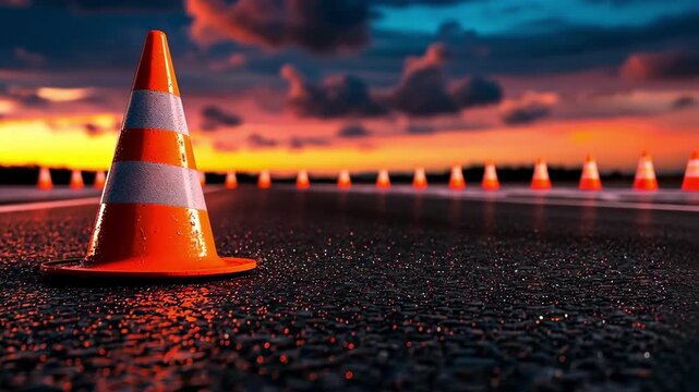 Traffic cones line a wet road at sunset, creating a vibrant, safety-focused scene.