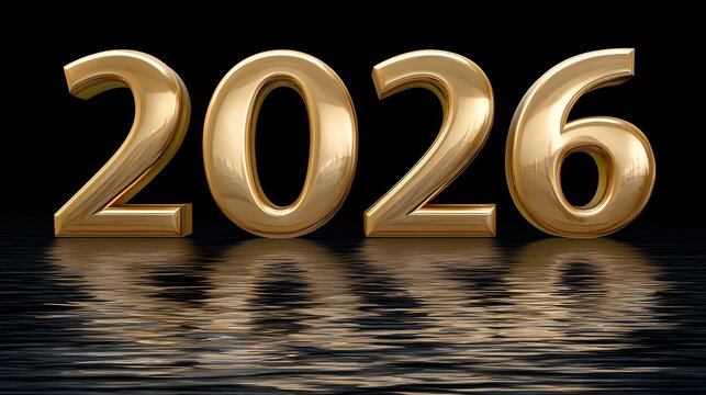 Golden Numbers Representing the Year 2026 with Water Reflection