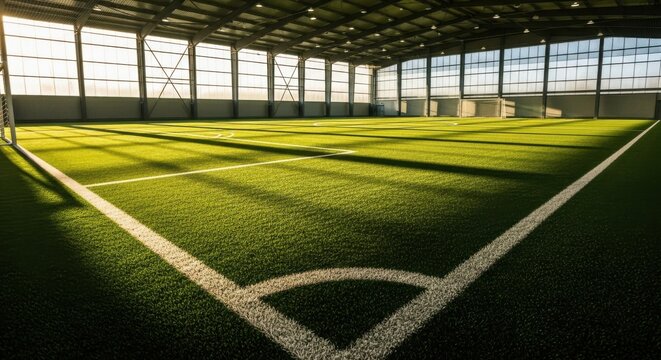 Sunlight streams into an empty indoor soccer field creating dramatic shadows on the turf