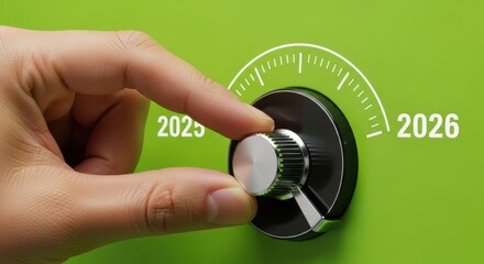 Finger turns safe dial from 2025 to 2026 symbolizing new year transition
