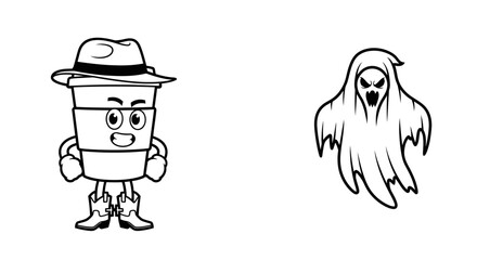 Coffee cowboy character facing a scary ghost perfect for halloween illustration  with humorous