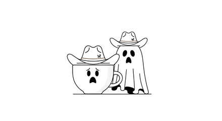 Whimsical illustration featuring a ghostly figure and a mournful teacup donning cowboy hats