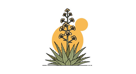 Stylized agave plant illustration with sun background depicting a desert oasis scene