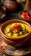 Gulai (yellow curry) served in a bowl with green and red peppers and a thick coconut sauce.