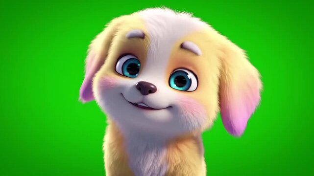 Adorable Animated Puppy with Bright Blue Eyes on Green Screen Background.