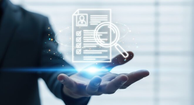 Futuristic holographic display held in hand technology interface data visualization