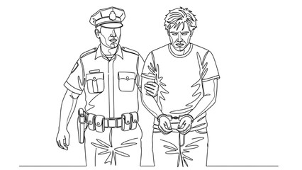 High-Quality Black Continuous Line Art of Suspect Escorted by Police Officer, Handcuffs and Uniform Outlined, Minimal Dramatic Composition