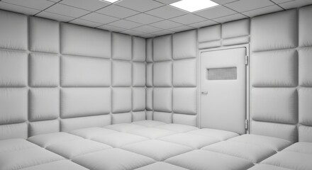 Isolated padded psychiatric room with a secure exit door, white tone