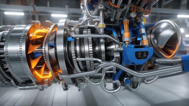 Internal view modern jet engine machinery with glowing orange parts