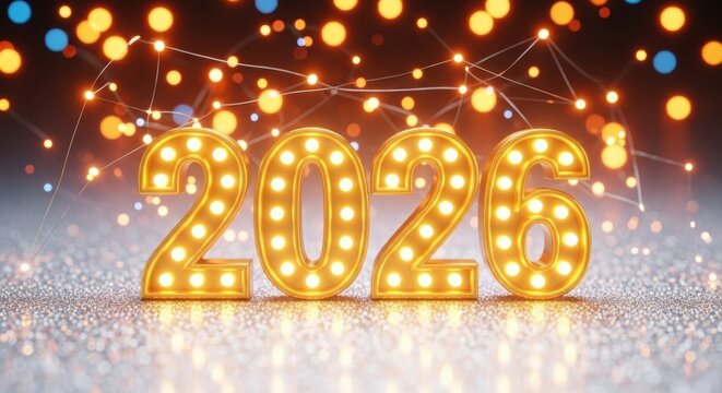 Bright glowing marquee numbers 2023 announce happy new year celebrations with festive lights - Powered by Adobe