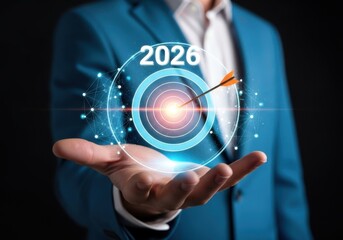 Businessman presents futuristic digital interface with 2026 year for new opportunities