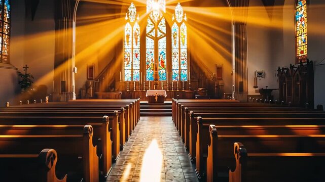 Sunlight streams through stained glass windows in a serene church interior.