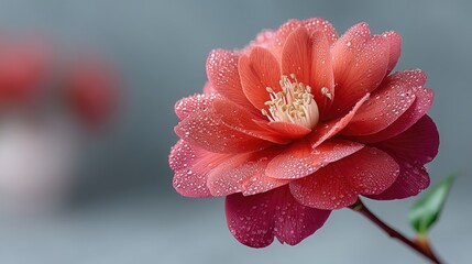 Vivid Red Camellia Flower Macro Shot with Sparkling Petals and Soft Background Lighting