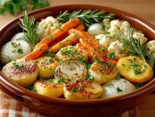 Warm Roasted Root Vegetables and Cauliflower Medley With Fresh Herbs in a Rustic Ceramic Dish