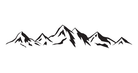 A graphic illustration of a mountain range silhouette, featuring jagged peaks and valleys against a white background.