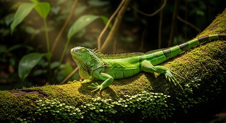 Obraz premium Green Iguana Resting on a Mossy Tree Branch in a Lush Forest.