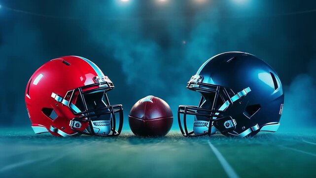 American football helmets face off with a ball on a misty field.