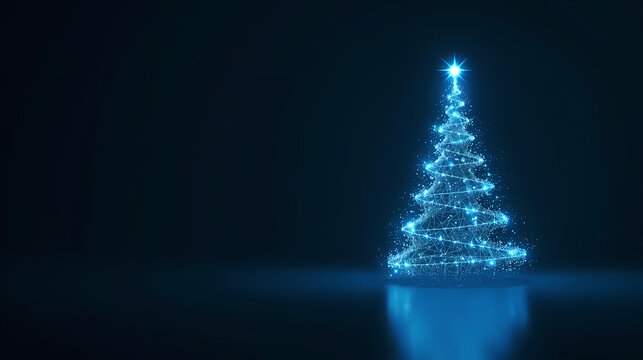 Clean sci-fi UI aesthetic of a glowing blue Christmas tree hologram, 16:9 minimalist tech holiday.