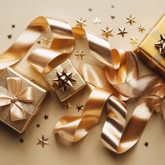 “Elegant Gold Gift Boxes with Satin Ribbon and Stars – Luxury Holiday Present Inspiration”