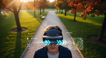 Man Wearing Augmented Reality Glasses in Park with Digital Navigation