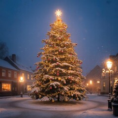 Majestic Snowy Christmas Tree in Town Square – Festive Holiday Night Scene