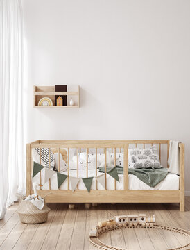 Wall mockup in children room, light cozy interior with wooden crib, 3D render
