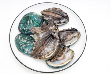Fresh abalone ingredients on a pure white background