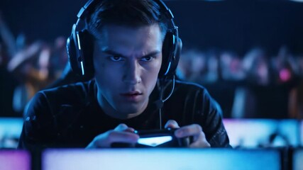 Intense gamer deeply focused on esports competition, controller in hands, headset, crowd cheering and bathed in neon blue light. Gaming event - Powered by Adobe
