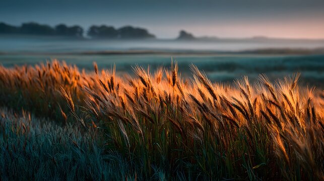 Golden light shining on tall grass in misty field. - Powered by Adobe