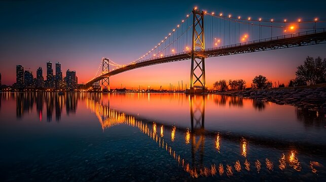 Suspension bridge illuminated at sunset reflecting on river.