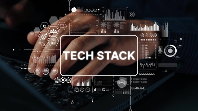 Futuristic Keyboard Interaction with Data Visualization and Tech Stack Concepts in a Digital Workspace Environment. Asymptotic smart data analytic.