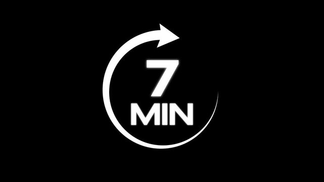 Circular arrow refresh timer icon 7 Min animation. arrow refresh icon and 7 min timer icon animation on black background. 7 Minutes Time Loop Motion Design
